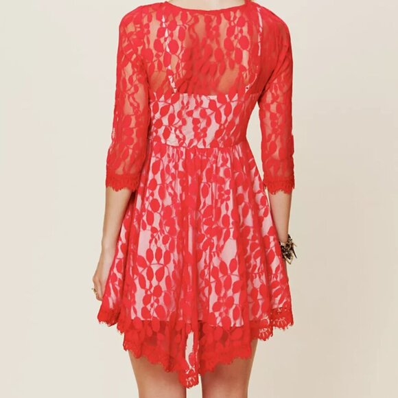 Free People Floral Embroidered Mesh Lace Mini Dress Pleated Red Women's Size 4 - Picture 3 of 13